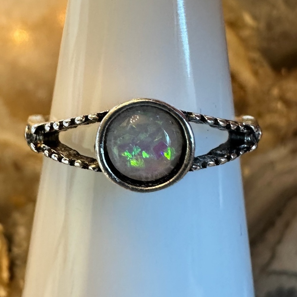 3220 Silver Faux Opal Ring with Twisted Band